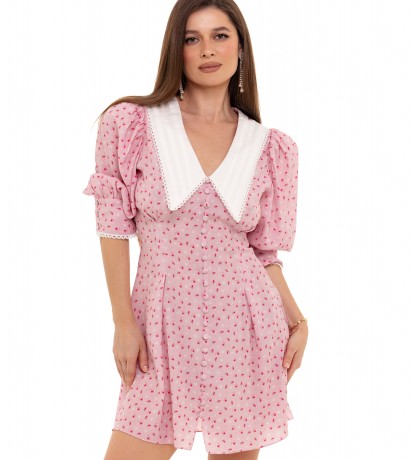 White collar flower printed pink mini dress