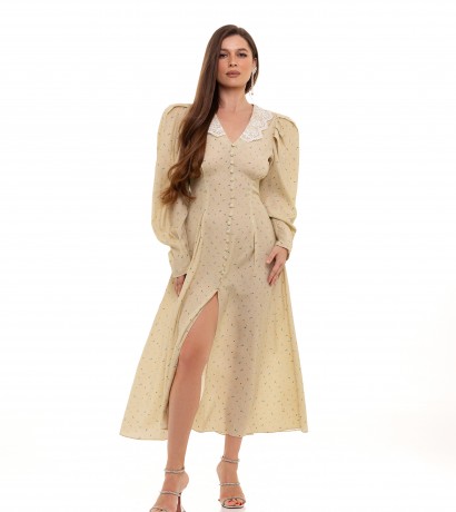 Lace collar beige silk dress with long sleeves