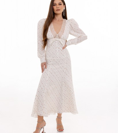 Lace embroidered flowers printed silk midi dress