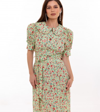 Bright flowers printed light green silk midi dress