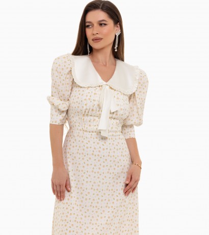 White collar bow decorated silk midi dress with yellow flowers