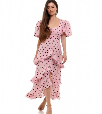 Ruffle-trimmed hearts printed silk dress