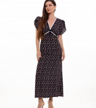 Flowers printed black silk midi dress