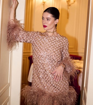 Feather-trimmed sequin mini dress