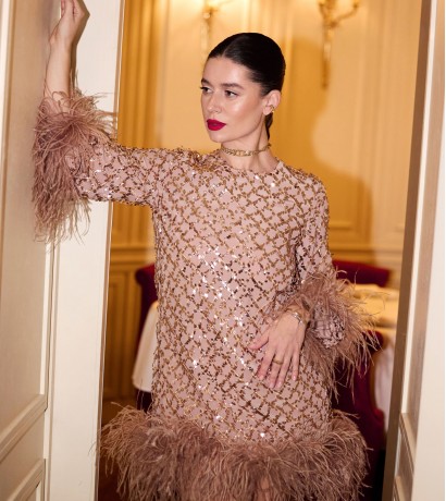 Feather-trimmed sequin mini dress