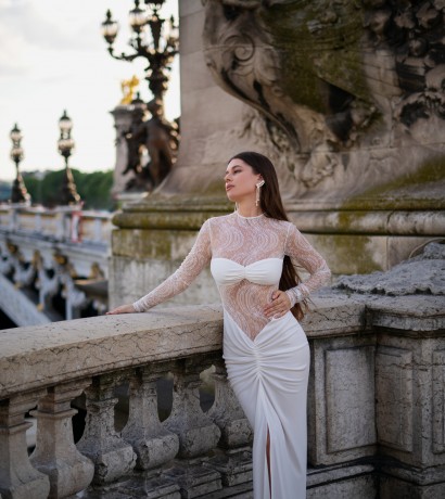 White floor-length dress with lace