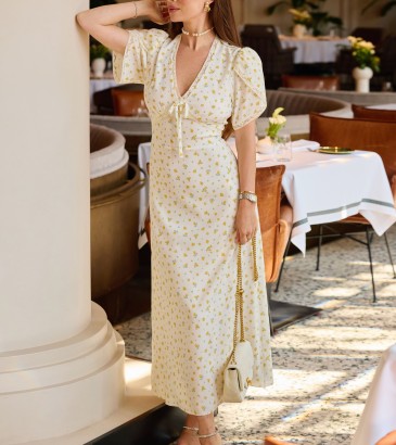 Silk midi dress in milk with yellow florals
