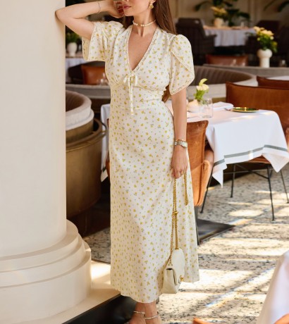 Silk midi dress in milk with yellow florals