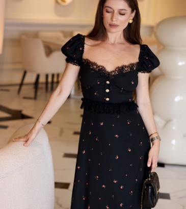 Lace embroidered black midi dress with small flowers