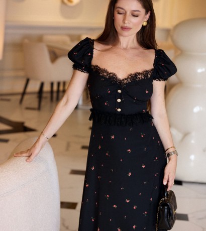 Lace embroidered black midi dress with small flowers