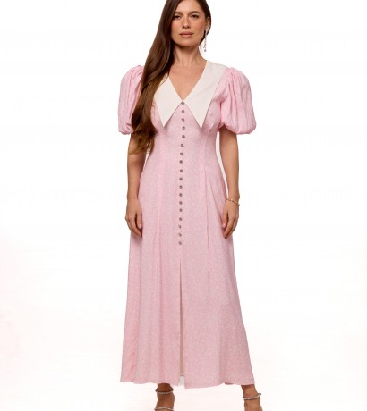 White collar silk pink  midi dress