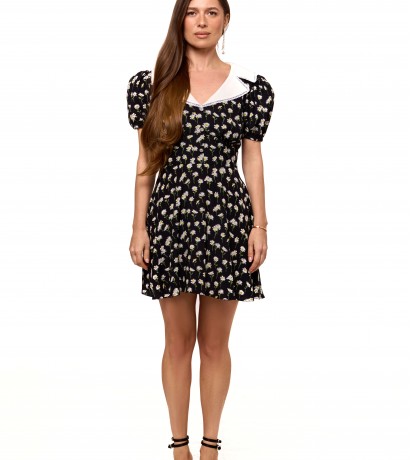 Camomile printed black silk mini dress