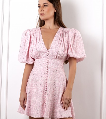 Puffed sleeves draped silk mini dress