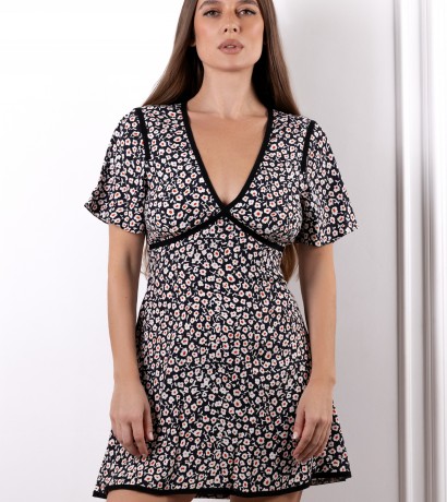 Flower printed black silk mini dress