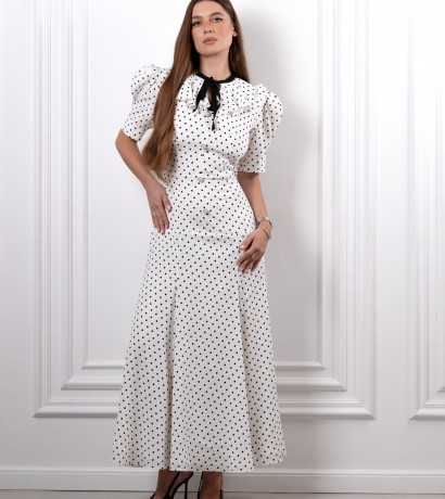 Black bow decorated white polka dot maxi silk dress