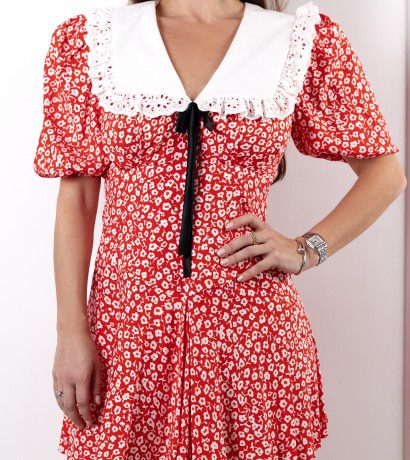 White collar bow decorated flower printed red silk mini dress