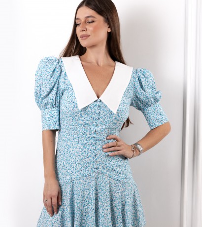 White collar flower printed blue silk mini dress