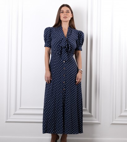 Bow decorated polka-dot silk maxi dress