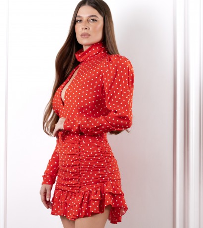 Polka-dot silk draped dress