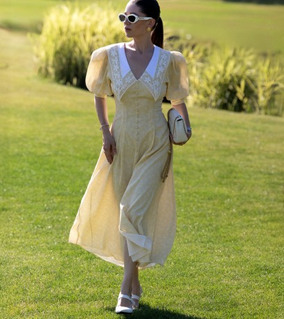 Lace collar flower printed yellow dress