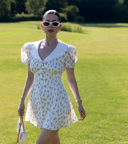 Camomile printed white silk mini dress