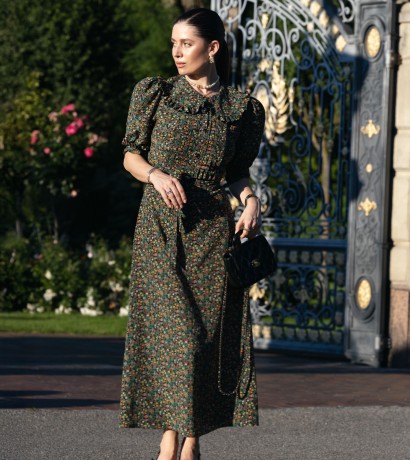 Bright flowers printed green silk midi dress