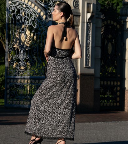 Flowers printed black silk dress