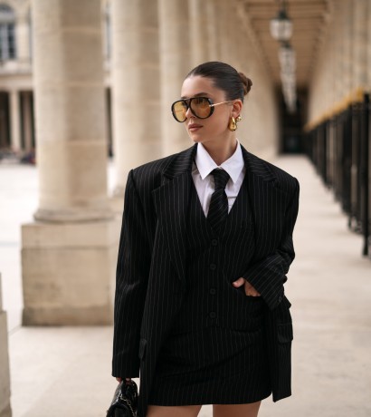 Striped oversized blazer, mini skirt and vest