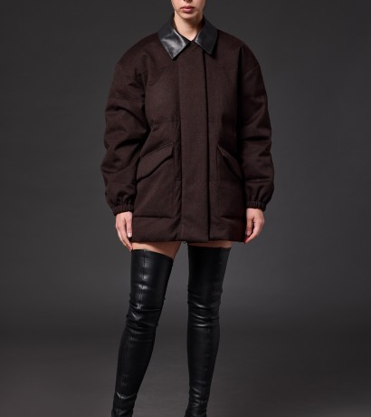 Brown longline down jacket featuring a leather collar