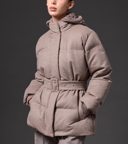Coffee cashmere down jacket with knitted hood and belt