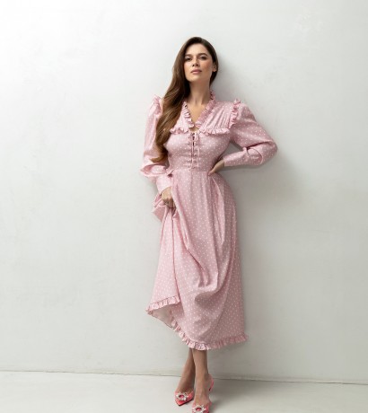 Ruffle trimmed maxi silk dress