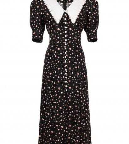 Flower printed white collar midi dress