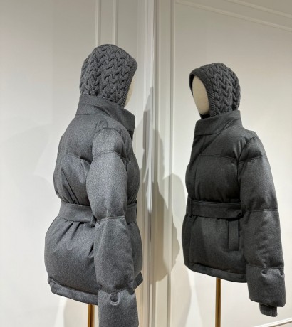 Gray cashmere down jacket with knitted hood and belt