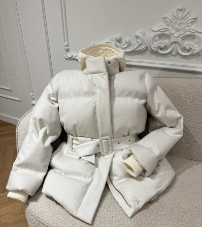 Milky cashmere down jacket with knitted hood and belt